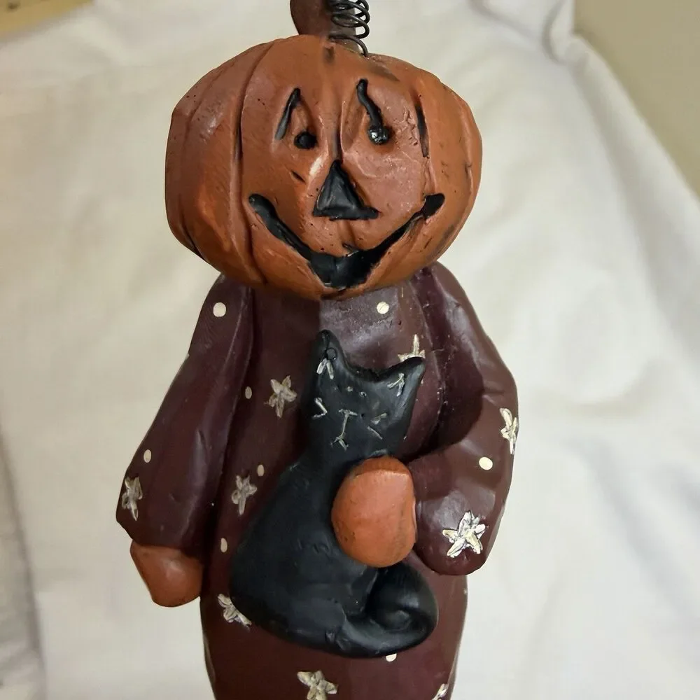 Blossom Bucket Halloween Pumpkin Black Cat Pedestal 13” Suzi Skoglund Folk Art